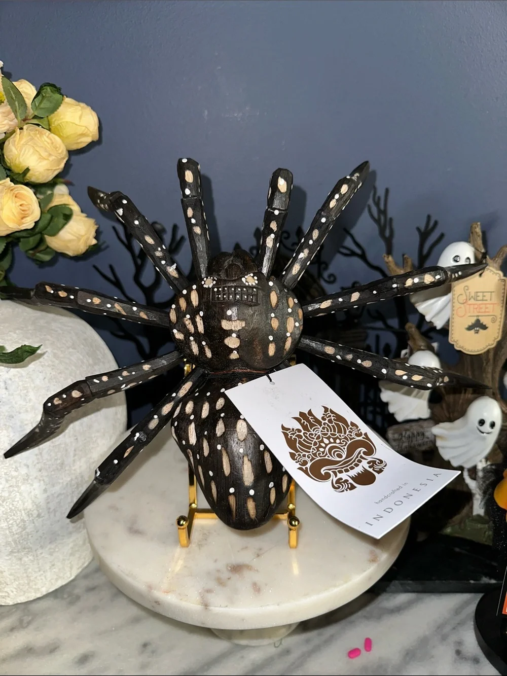 Halloween Handcrafted Black & White Wooden Spider Figurine wooden tarantula